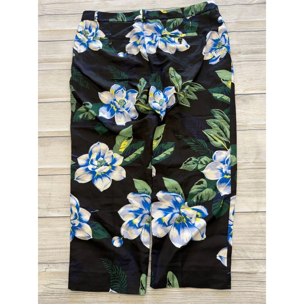 Banana Republic Avery Fit Floral Pants Womens 12 Black Blue Linen Blend Cropped